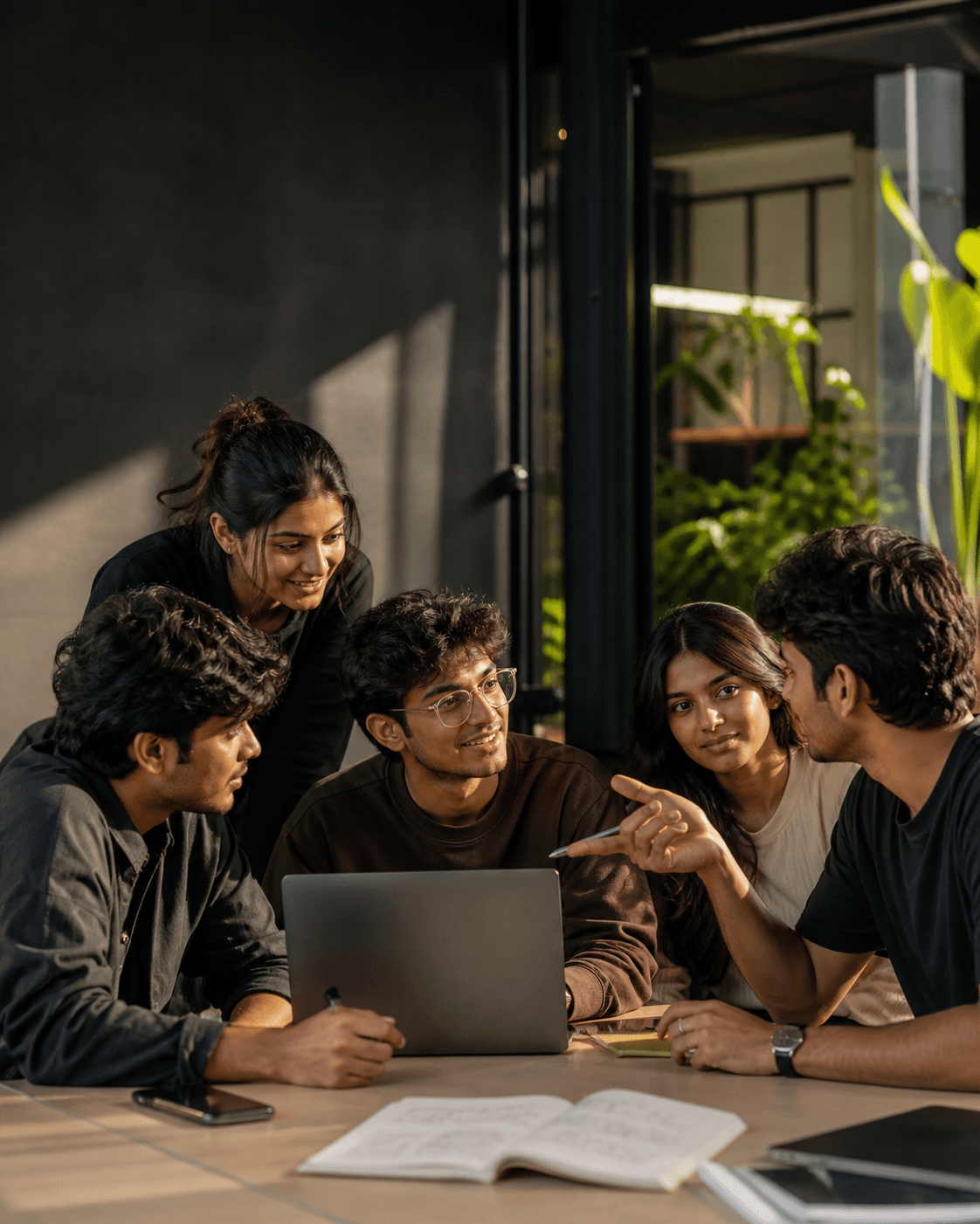 Students collaborating around a laptop